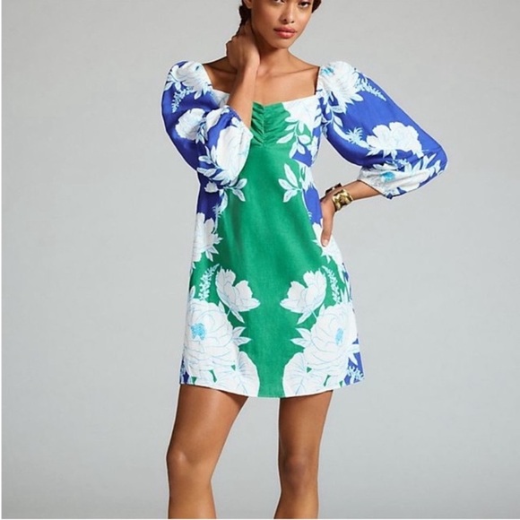 Farm Rio Soft Garden Linen Blend Puff Sleeve Mini Dress Floral Blue NWT Size XS - Picture 3 of 16